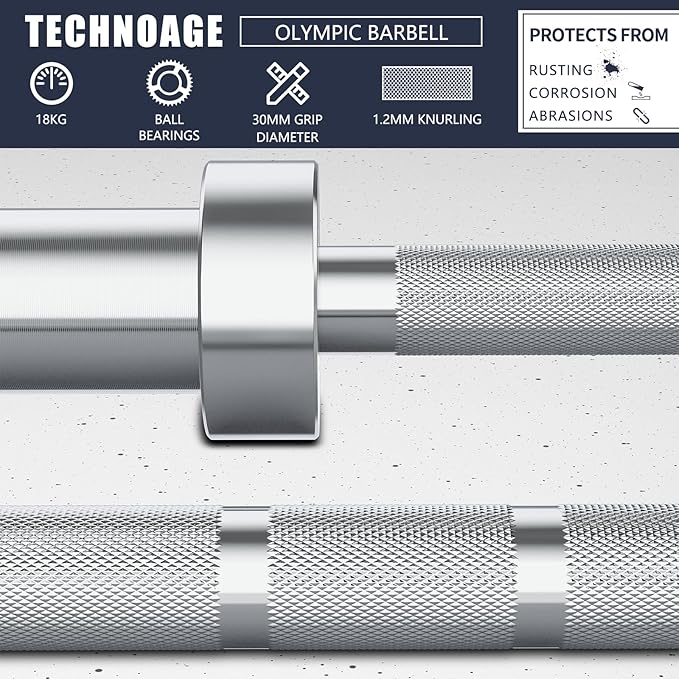 TECHNOAGE 7FT Olympic Barbell Olympic Bar Solid Chrome Barbell 700LBS Load Capacity(2-Inch Plate) for Weightlifting, Squats, Dead-Lifts, Presses, and Lunges-StrideForce Fitness