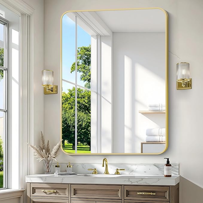 Gold Bathroom Mirror,36x48 inch Wall Mirror for Bathroom Wall Mounted,Round Rectangle Mirror for Bathroom Over Sink,Modern Frame for Home Decor Living Room,Bedroom Entryway,Horizontal/Vertical-StrideForce Fitness