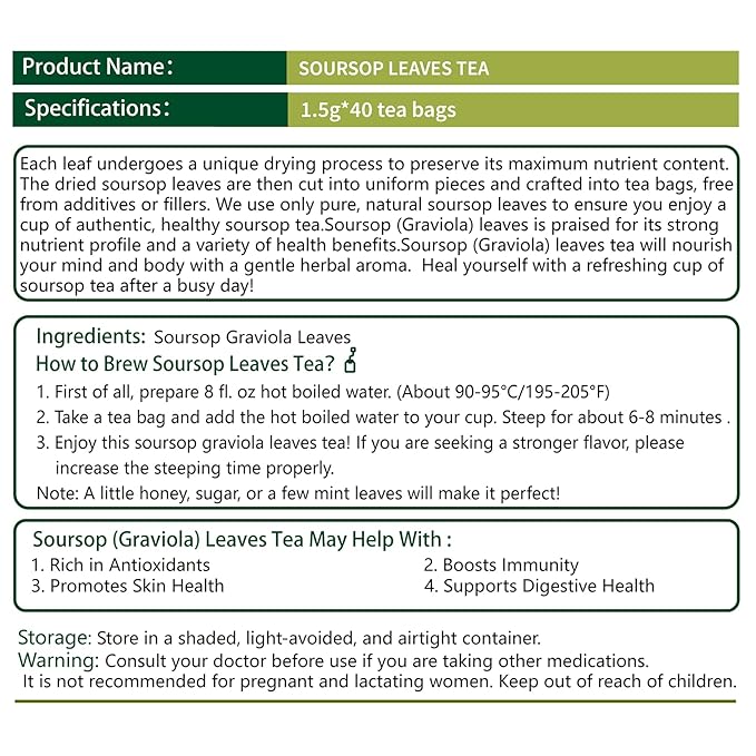 Samcci - Soursop Leaves Tea Bags, 40Teabags, 1.5g/bag, 100% Pure Sour Sop Graviola leaves Tea - Hojas De Guanabana Tea - Improve Digestion - Promotes Skin Health - Non-GMO - Caffeine-Free-StrideForce Fitness