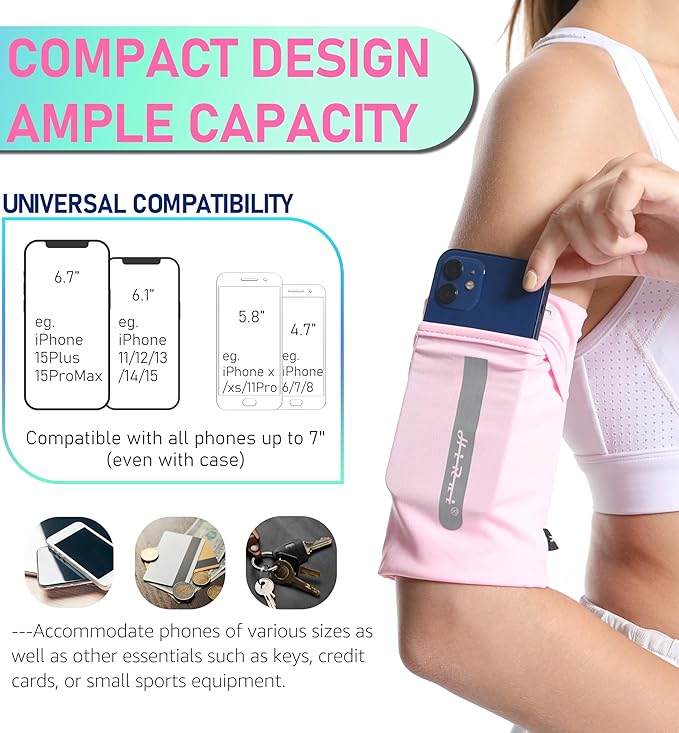 HiRui Running Armband Sleeve Universal Sports Armband Cell Phone Holder Armband for Exercise Workout, Compatible with iPhone 16/15/14/13/Plus/Pro Samsung Galaxy All Phones (XL, Pink)