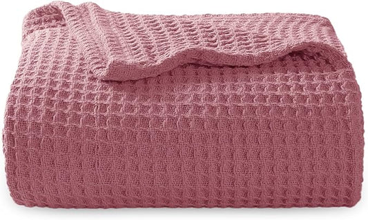 Bedsure 100% Cotton Large Throw Blanket for Couch 50x70 inches - Breathable and Soft, Waffle Weave Throw Blanket for Office, Dusty Rose-StrideForce Fitness