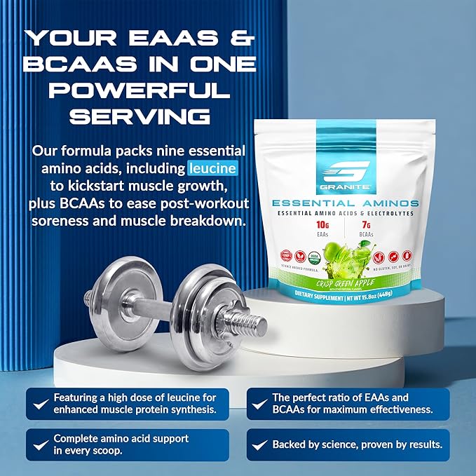 Granite Essential Amino Acids Powder, Green Apple Flavor, with 10g EAAs and 7g BCAAs, Supports Muscle Recovery & Growth, Soy-Free, Gluten-Free (30 Servings)-StrideForce Fitness