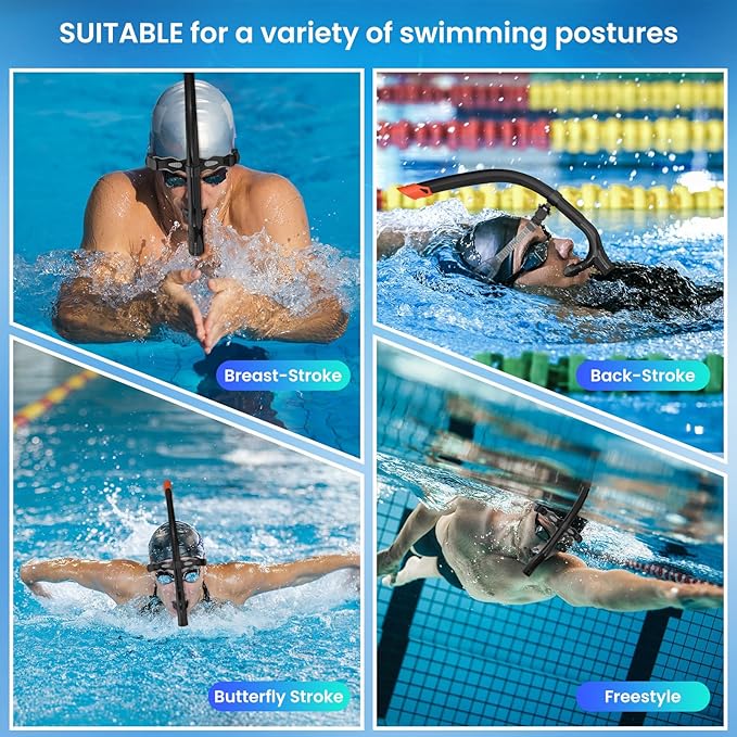 Swimmer's Snorkel for Lap Swimming, Adult Snorkeling Gear Swim Training, Center-Mount Silicone Mouthpiece One-Way Purge Valve in Pool and Open Water-StrideForce Fitness