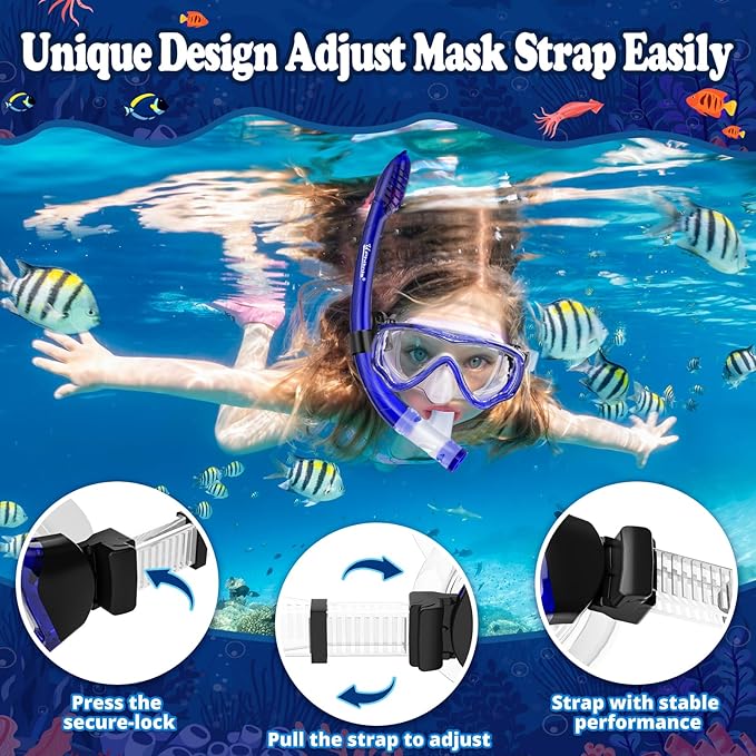 U PHITNIS Kids Snorkel Set for Age 4-14 - Dry Top Snorkeling Gear for Kids Junior & Youth - Childs Diving Mask with Big Eyes for Boys Girls - Anti-Fog Snorkeling Mask and Snorkel Set-StrideForce Fitness