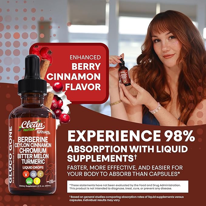 Clean Nutra Berberine with Ceylon Cinnamon Supplement Liquid Drops + Bitter Melon Extract, Glucomannan, Gymnema, Chromium, Turmeric, Organic Panax Ginseng, Moringa GLP-1 Support-StrideForce Fitness