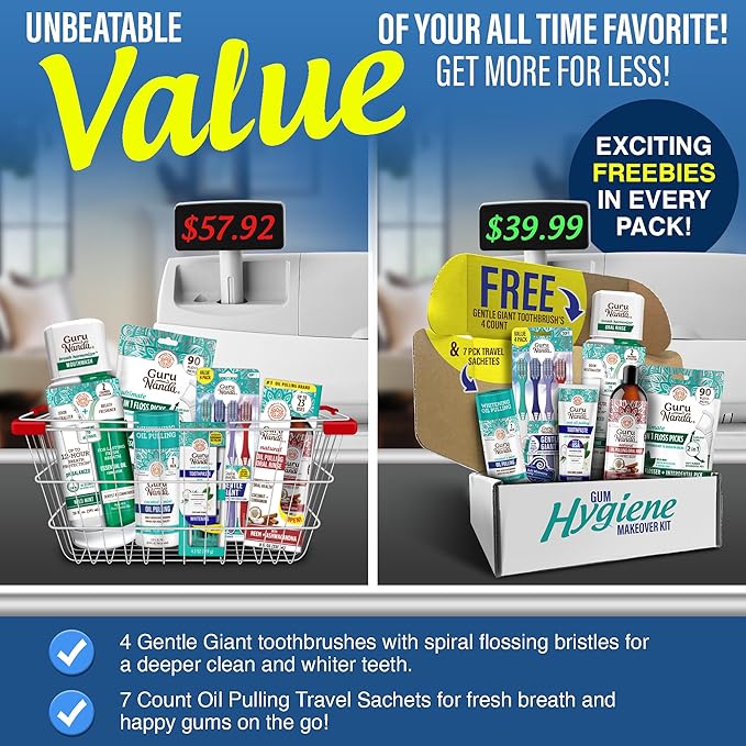 GuruNanda Gum Hygiene Makeover Kit with Ashwagandha & Cocomint (Travel Size) Oil Pulling, Neem Toothpaste, Breath Harmonizer Mouthwash, 2-in-1 Floss Picks & Whitening Toothbrushes