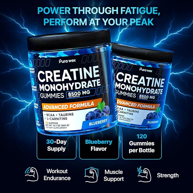 Creatine Monohydrate Gummies 8500mg Complex for Men & Women - Pre Workout Creatine Chews for Muscle Growth, Strength & Energy, Sugar Free, Vegan, Blueberry Flavor - 120 Count-StrideForce Fitness
