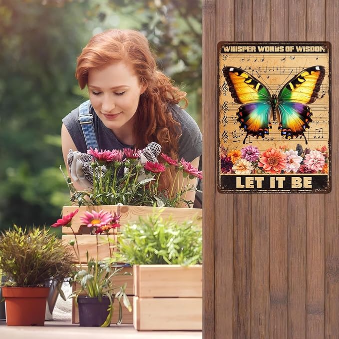 Vintage Garden Tin Sign Whisper Words Of Wisdom Let It Be Retro Butterfly Metal Poster Funny Wall Art Cafe Office Wall Decor for Kitchen Home Bar Pub Club 12 * 16inch-StrideForce Fitness