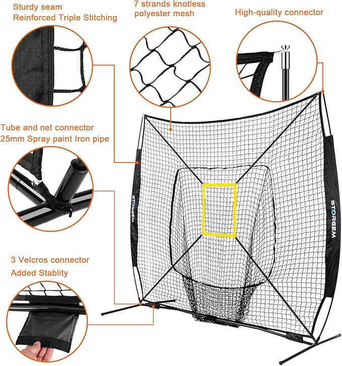 Storgem Baseball and Softball Practice Net 7×7ft Portable Hitting Pitching Batting Training Net Baseball Backstop Net with Batting Tee and Strike Zone and Bow Frame-StrideForce Fitness