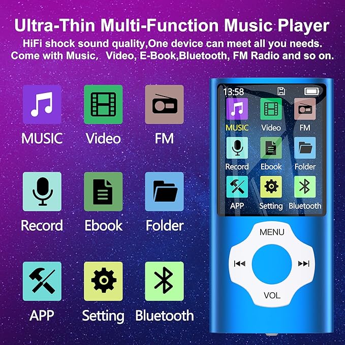 Portable 64GB MP3 Player with Bluetooth, MYMAHDI 1.8" HD LCD Screen MP4/MP3 Player Up to 128GB, Music Player with Video, Music, FM Radio, E-Book Reader, Voice Record, Photo Viewer, Darkblue-StrideForce Fitness