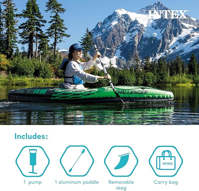 INTEX Challenger Inflatable Kayak Series: Includes Deluxe 86in Kayak Paddles and High-Output Pump – SuperStrong PVC – Adjustable Seat with Backrest – Removable Skeg – Cargo Storage Net-StrideForce Fitness