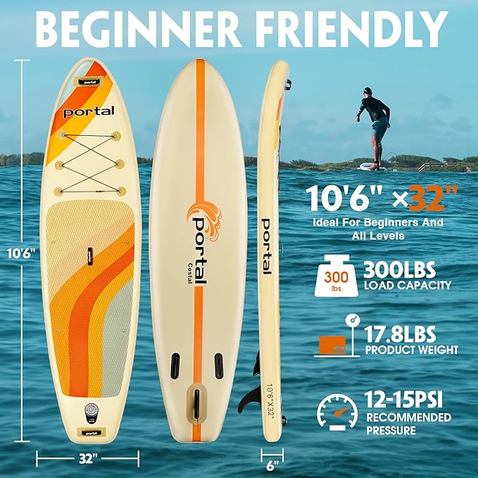 PORTAL SUP Inflatable Paddle Board for Adults 10'6'' Stand Up Paddleboard,Non-Slip Deck Blow up Paddle Boards with Adjustable Paddle, Carry Bag, and Repair Kit-StrideForce Fitness