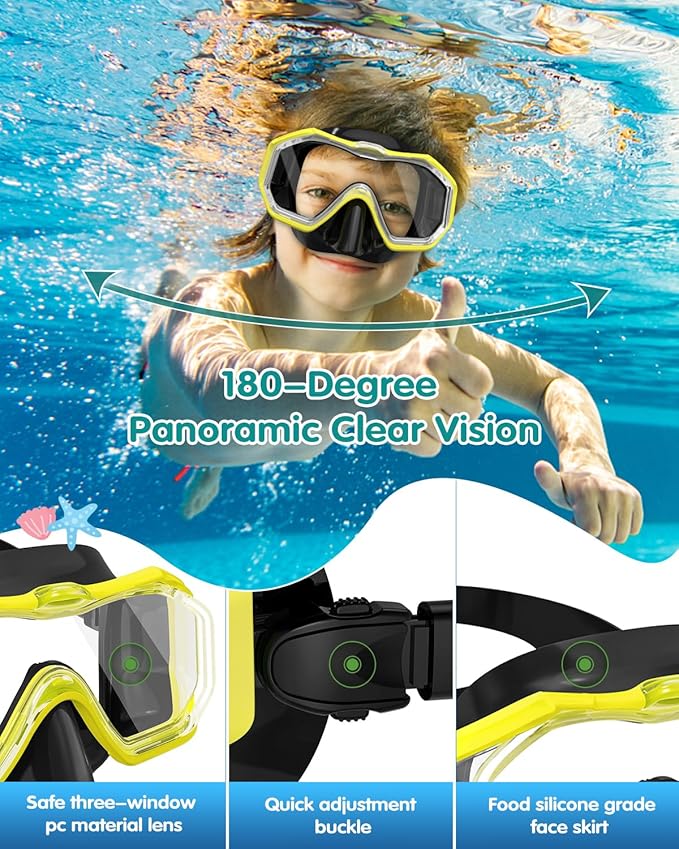 W WSTOO Kids Swim Goggles with Nose Cover,Snorkel Diving Swimming Mask for Youth 5-15,HD 3-Window Wide Vision Anti-Shattered Lens Anti-Fog&Leak-StrideForce Fitness