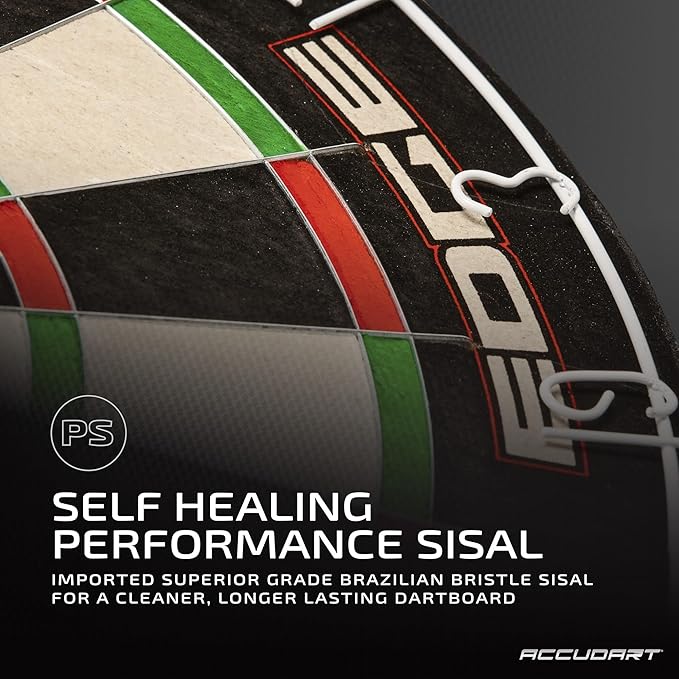 Accudart Edge Bristle Dartboard - Razor Thin Spider Wire Reduces Bounce Outs - Premium Brazilian Sisal - Advanced Metal Number Ring - Increased Playing Area - Super Thin Bullseye-StrideForce Fitness