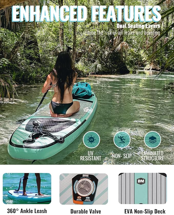BM Paddle Board Inflatable Stand Up Paddle Board, SUP Paddleboard for Adult, Premium Accessories | Non-Slip EVA Deck & Foam Handles, Camera Mount, Double Action Pump, 85L Travel Backpack-StrideForce Fitness