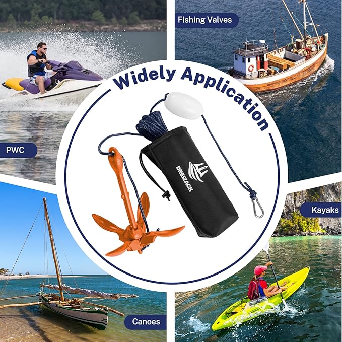 Dreizack Kayak Anchor Kit, 3.5 lb Folding Grapnel Boat Anchor Trolley Accessories with 40ft Rope and PVC Buoy for Fishing Kayaks SUP Paddle Boards Canoes Jet Ski PWC Inflatable Small Boats-StrideForce Fitness
