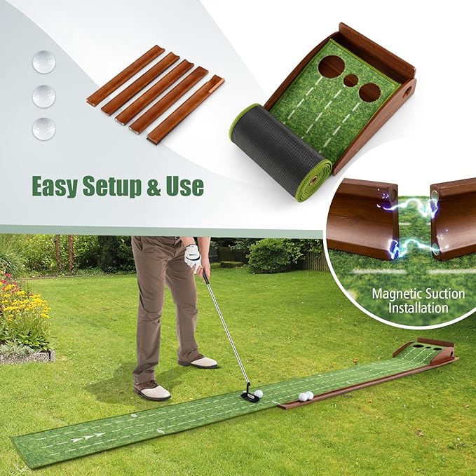Tangkula 10 FT Golf Putting Green, 2/3-Hole Golf Putting Practice Mat with Auto Ball Return for Indoors & Outdoors, Alignment Guides & 3 Golf Balls, Mini Golf Game for Home and Office-StrideForce Fitness