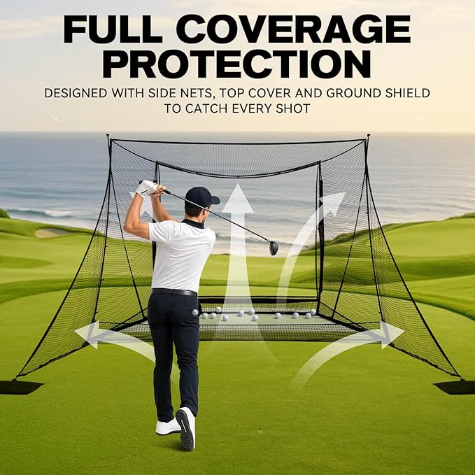 Golf Simulator Cage with Side Barriers&Impact Screen – 10x8 FT Golf Net with Dual-Layer HD Simulator Screen for High-Speed Shots, Practice Net with Ball Return for Indoor Outdoor Backyard-StrideForce Fitness