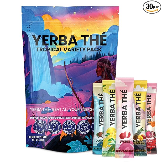 Yerba Mate Tea Powder 5 Mixed Tropical Fruit Flavors Clean Energy Drink Superfood - Support Gut Health, Probiotics and Prebiotics, Reduce Brain Fog, Relaxation & Focus Blend 30 sachets-StrideForce Fitness