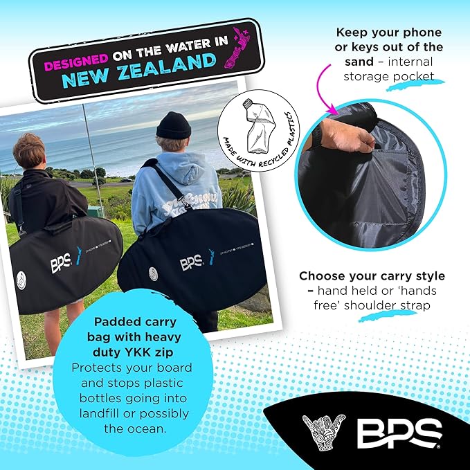 BPS New Zealand ‘Gator Black’ Fiberglass Skimboard with Padded Carry Bag Made from Recycled Plastics Performance Skimboard with Custom Traction Pads for Kids Adults Choose from 3 Sizes-StrideForce Fitness