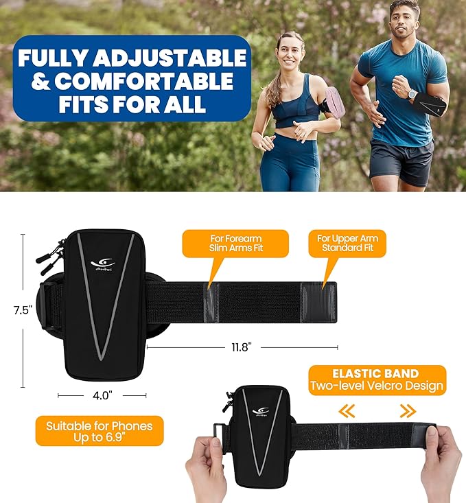 HiRui Cell Phone Holder Arm Bag & Wrist Bag for Phone, Sports Running Armband for Gym & Cycling, Compatible with iPhone 16/16Pro/Plus/15/14 Samsung Galaxy All Phones, Reflective & Adjustable (Black)-StrideForce Fitness