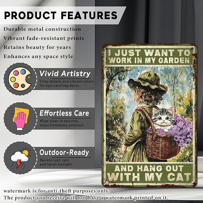 Garden Sign I Just Want To Work In My Garden and Hang Out With My Cat Vintage Metal Tin Sign Retro for Home Patio Backyard 12 * 8inch-StrideForce Fitness