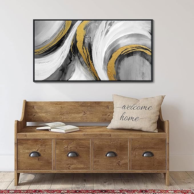 Large Abstract Wall Art, Black White and Gold Texture Graffiti Framed Paintings Modern Gallery Picture Artwork for Living Room Bedroom Office Home Decor 20x40 In-StrideForce Fitness