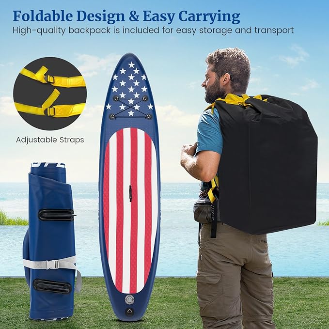 GYMAX Stand Up Paddle Board, Inflatable SUP with Wide Non-Slip EVA Deck, Accessories-Leash, D Rings, Hand Pump, Adjustable Paddle & Backpack, Paddle Boards for Adults Youth-StrideForce Fitness