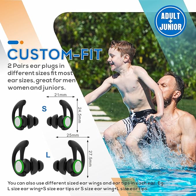 Hearprotek 2 Pairs Ear Plugs for Swimming Adults, Reusable Custom-fit Swim Water earplugs Men Women for Swimmers Shower Pool Bath Surfing Kayaking Canoeing(Black)-StrideForce Fitness