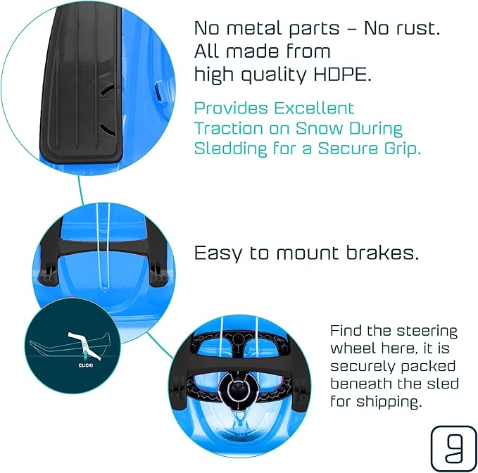 Snow Sled for Kids, Adults - Toboggan Sled, Easy Turning Steering Wheel, Anti-Slip Seat, Pull Up Brake, Durable Plastic Sled, Lightweight, Snow Sleds, Age 3+ 260 lbs-StrideForce Fitness