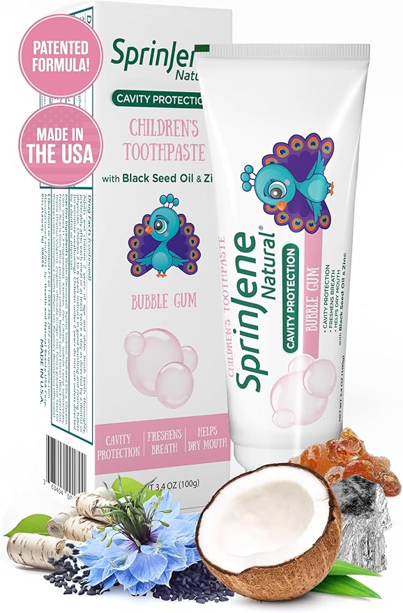 SprinJene Natural Children’s Toothpaste – Fluoride Bubblegum Toothpaste for Kids & Toddlers – Safe Gentle Formula for Cavity Protection – Made in The USA with Black Seed Oil & Zinc (1 Pack)