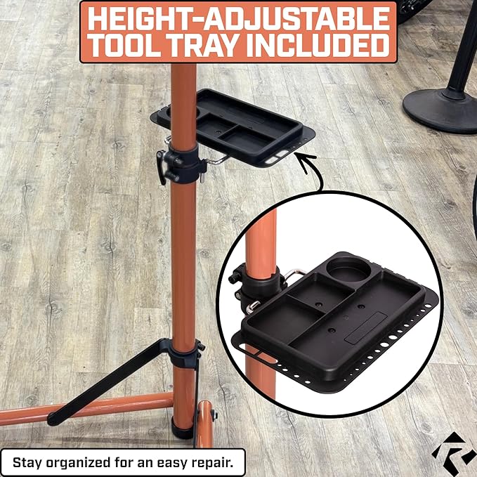 Revere Bike Repair Stand & Storage Bag, Telescoping Arm, Rotating Clamp, Magnetic Tool Tray, and Adjustable Handlebar Rod - Heavy Duty, Sturdy, Adjustable (Orange)-StrideForce Fitness