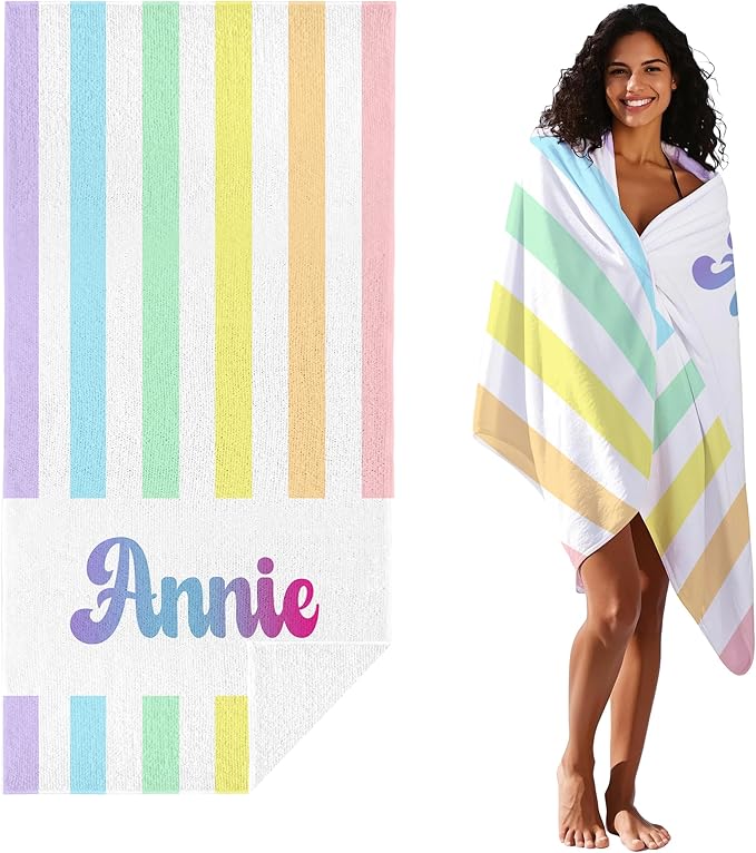 JML Personalized Beach Towel with Name, Custom Rainbow Cabana Stripe Beach Towel, Customized Microfiber Pool Towel, Quick Dry & Absorbent Swim Towel for Adult,Anniversary, Birthday, Summer Holiday-StrideForce Fitness