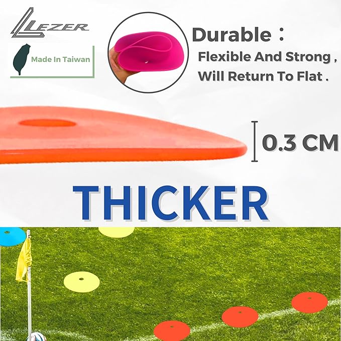LEZER 6 Inch 8 Inch Flat Cones, Spot Markers, Soccer Cones, Field Court Markers, Sit Spots, Flat Discs, Soccer Training Equipment, Agility Practice, Football, Made in Taiwan-StrideForce Fitness