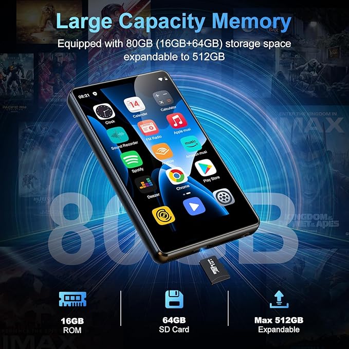 80GB MP3 Player with Bluetooth and WiFi, SWOFY M503Pro Mp3 & Mp4 Music Player with Spotify, Amazon Music, Audible, Browser, 4.0" Touch Screen Android Player with Speaker, FM Radio, Up to 512GB Black-StrideForce Fitness