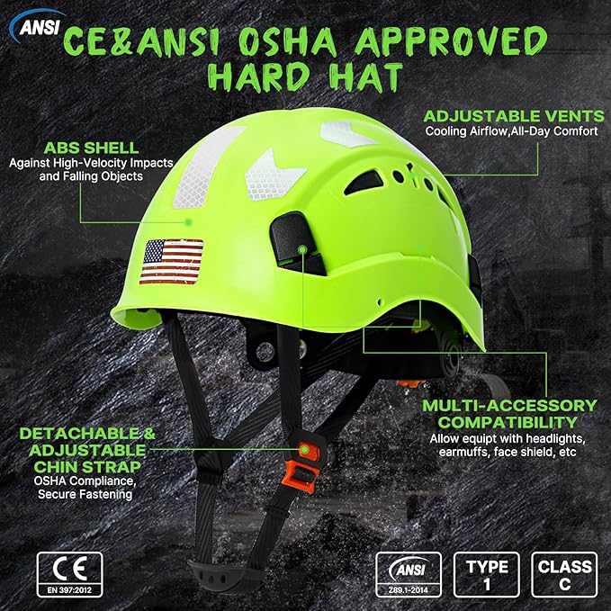 AOLAMEGS Construction Safety Hard Hat - ANSI Z89.1 Type Ι OSHA Approved Safety Helmets with Chin Straps Lightweight Reflective Vented ABS Hard Hats For Men Women Industrial Workwear 6-point Suspension-StrideForce Fitness