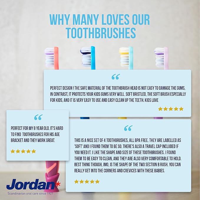 Jordan* Kids Toothbrush | 6-9 Years, Soft Bristles, BPA Free | 4 Pack | Blue & Green Step 3
