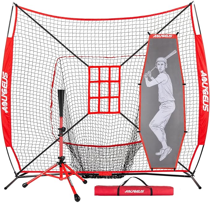 7'X7' Baseball Softball Practice Net,Pitching Net,Batting Net,with Baseball Tee,Bonus Strike Zone and Bow Frame,for Hitting,Pitching, Catching-StrideForce Fitness