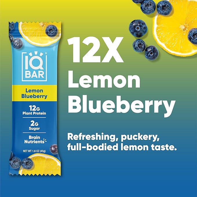 IQBAR Brain and Body Plant Protein Bars - Lemon Blueberry - 12-Count Low Carb - Gluten Free, High Fiber, Vegan Snacks - Low Sugar Meal Replacement-StrideForce Fitness