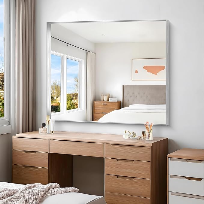 Silver Bathroom Mirror, 40x48 Inch Rectangular Framed Mirror, Large Wall Mounted Bathroom Vanity Mirror Over Sink for Bedroom,Restroom, Living Room, Hangs Vertically or Horizontally-StrideForce Fitness