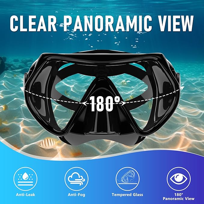 Snorkeling Gear, Dry Snorkel Set180° Panoramic Wide View,Anti-Fog Scuba Diving Mask, Professional Snorkeling Gear for Free Breathing, Swimming, Diving-StrideForce Fitness