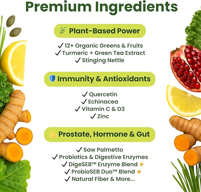 Veridi Greens for Men 40+ | Daily Superfood Greens Powder for Prostate Health, Hormone & Energy Support | Premium USA Blend with Spirulina, Saw Palmetto, Zinc & Enzymes-StrideForce Fitness