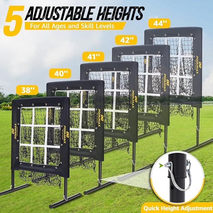 PodiuMax Baseball Pitching Net, 9 Hole Pitching Net with Strike Zone, 5 Adjustable Heights Baseball Throwing Net for All Ages, Heavey Duty Solo Trainer with Carry Bag for Backyard Practice-StrideForce Fitness