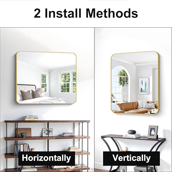 Gold Bathroom Mirror,30x36 inch Wall Mirror for Bathroom Wall Mounted,Round Rectangle Mirror for Bathroom Over Sink,Modern Frame for Home Decor Living Room,Bedroom Entryway,Horizontal/Vertical-StrideForce Fitness