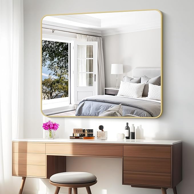 Gold Bathroom Mirror,40x48 inch Wall Mirror for Bathroom Wall Mounted,Round Rectangle Mirror for Bathroom Over Sink,Modern Frame for Home Decor Living Room,Bedroom Entryway,Horizontal/Vertical-StrideForce Fitness
