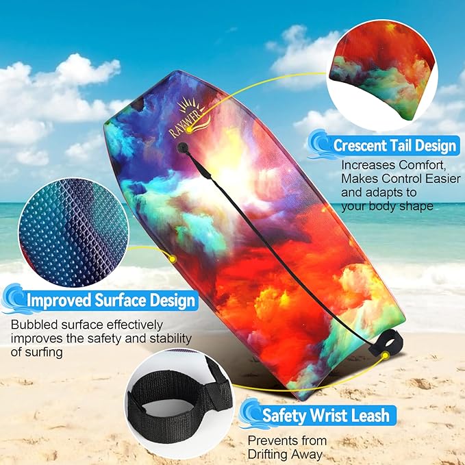 Body Board Lightweight with EPS Core, HDPE Slick Bottom, Leash & Adjustable Wrist Rope, Great Surfing for Kids and Adults-StrideForce Fitness