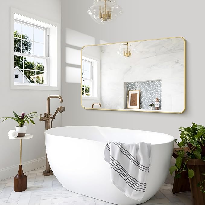 Gold Bathroom Mirror,55x36 inch Wall Mirror for Bathroom Wall Mounted,Round Rectangle Mirror for Bathroom Over Sink,Modern Frame for Home Decor Living Room,Bedroom Entryway,Horizontal/Vertical-StrideForce Fitness