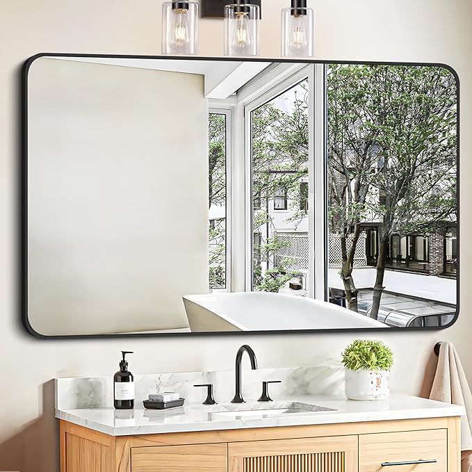 FORBATH Black Bathroom Mirror, Rectangular Vanity Mirror 30 x 48 Inch Wall Rounded Corner Metal Framed Bathroom Mirror for Living Room Bedroom Entryway Decor (Horizontal/Vertical)-StrideForce Fitness