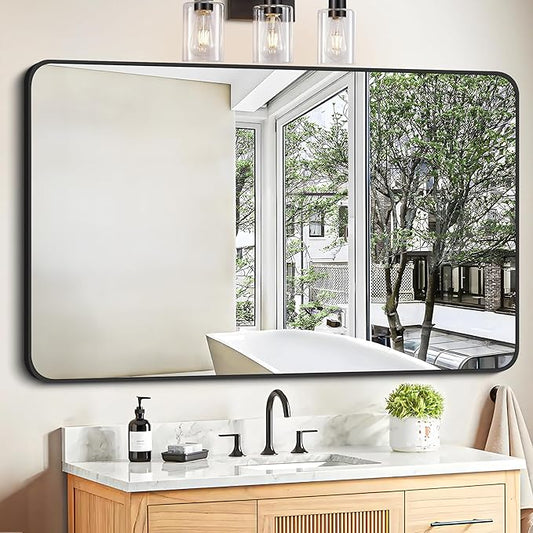FORBATH Black Bathroom Mirror, Rectangular Vanity Mirror 30 x 48 Inch Wall Rounded Corner Metal Framed Bathroom Mirror for Living Room Bedroom Entryway Decor (Horizontal/Vertical)-StrideForce Fitness