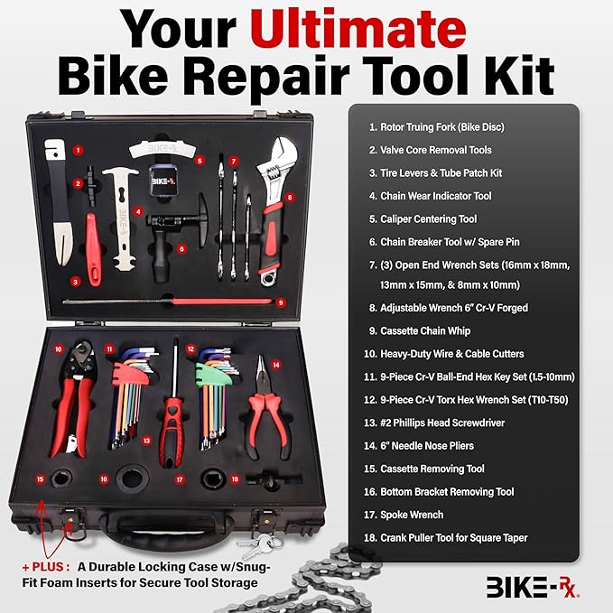 Elite 37pc Bike Tool Kit – Bicycle Repair Set for Mountain, Road, BMX & Ebikes, w/Chain Breaker, Tire Repair, Maintenance Kit & Lock Case-StrideForce Fitness
